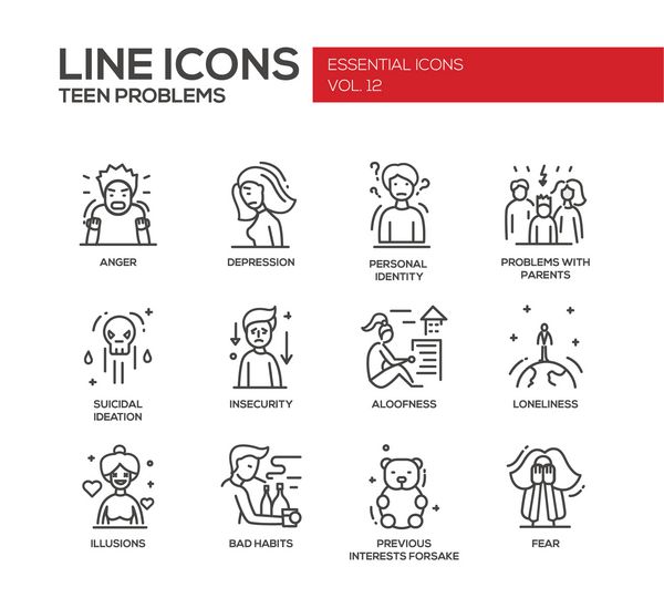 مشکلات نوجوان - مجموعه آیکون های طراحی خط