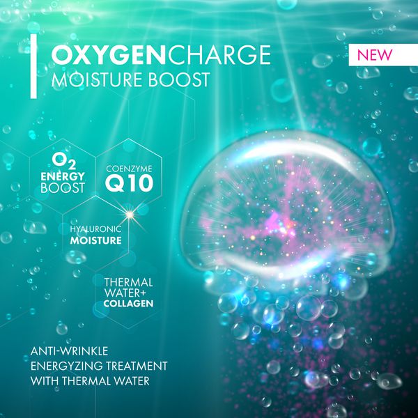 حباب چتر دریایی زیر آب اکسیژن برای مفهوم بسته مراقبت از پوست