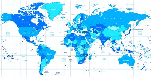نقشه جهانی وکتور دقیق از رنگ های آبی جدا شده روی سفید