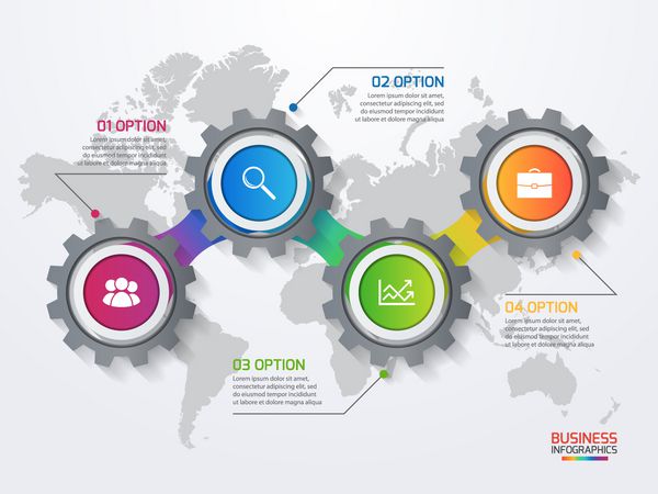 الگوی وکتور اینفوگرافیک با چرخ دنده و نقشه جهان مفهوم کسب و کار و صنعت با 4 گزینه بخش مرحله فرآیند