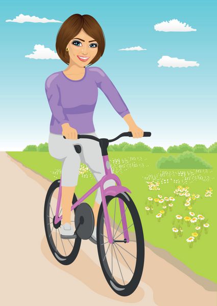 زن جوان زیبا در حال تفریح با دوچرخه سواری در جاده خاکی در حومه شهر