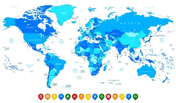 نقشه جهانی وکتور دقیق از رنگ های آبی و نقشه رنگارنگ پوینت