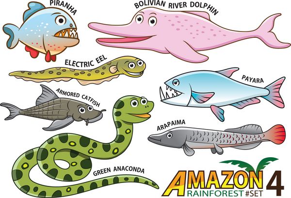 مجموعه ای از حیوانات و پرندگان کارتونی زیبا در مناطق آمازون سو