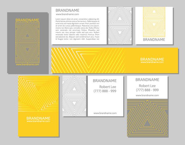 مجموعه وکتور کارت ویزیت بنرهای با طرح مثلث در پس زمینه خاکستری زرد سفید