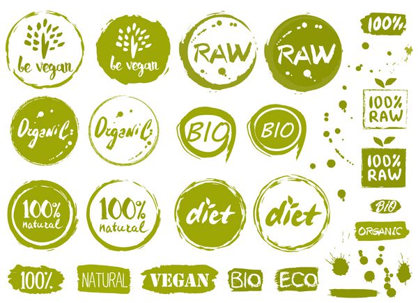 آیکون های غذای سالم برچسب ها برچسب های ارگانیک عناصر طبیعی محصول لوگوی منوی رستوران گیاهی وکتور علامت بدون لاکتوز مهر کم چرب بدون سویا محصول اکو