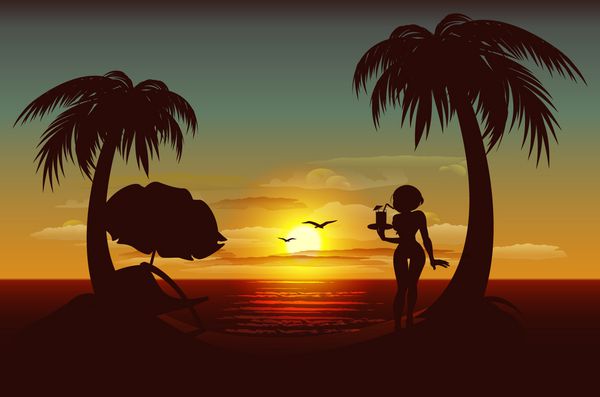 غروب غروب خورشید در جزیره گرمسیری دریا درختان نخل شبح دختر با نوشیدنی