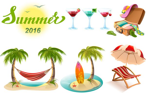 متن حروف تابستان 2016 مجموعه ای از اشیاء نماد تعطیلات تابستانی