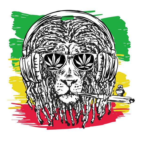 وکتور که شیری را با دردلاک با چیلوم عینک و هدفون موسیقی به عنوان نمادی از خرده فرهنگ راستافاریان و تصویر jha روی رنگ‌های پس‌زمینه پرچم جامائیکا نشان می‌دهد