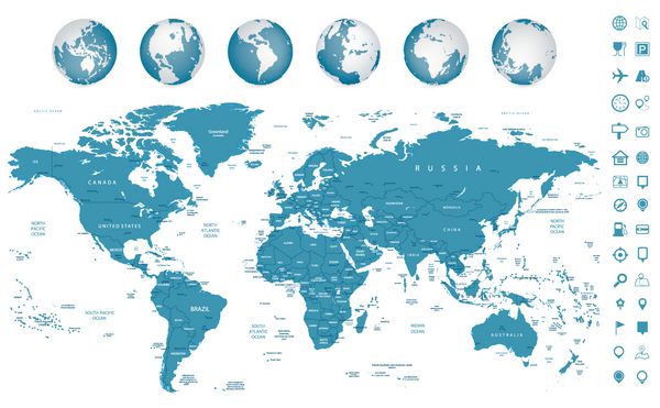 نقشه جهان بسیار دقیق و نمادهای ناوبری با کره
