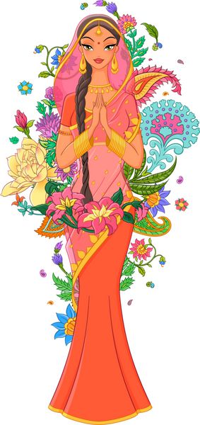 دختر زیبای هندی در ساری احاطه شده با گل و زیور آلات وکتور جدا شده در پس زمینه سفید