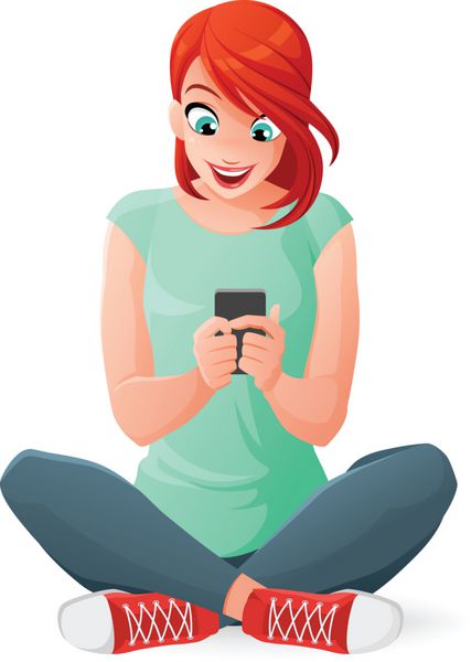 زن جوان در حال ارتباط با تلفن همراهش وکتور کارتونی جدا شده در پس زمینه سفید