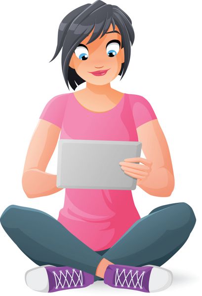 زن جوان با رایانه لوحی وکتور کارتونی جدا شده در پس زمینه سفید
