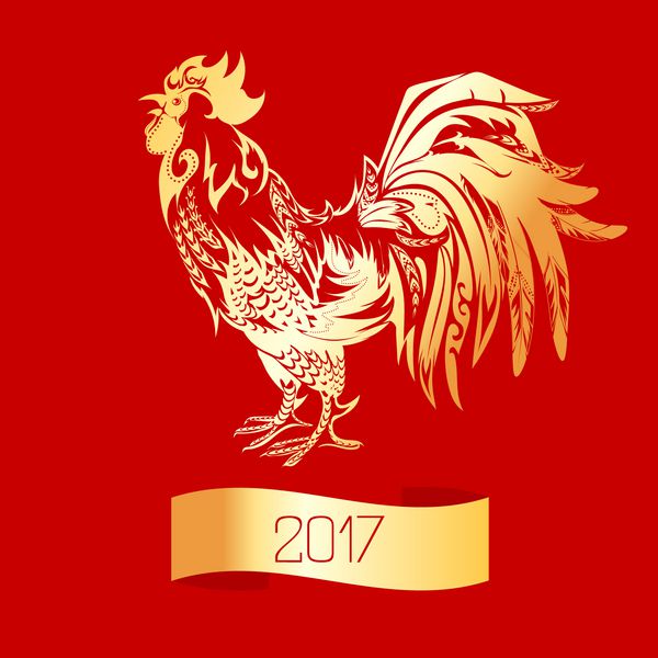 خروس طلایی در پس زمینه قرمز نماد سال نو چینی 2017