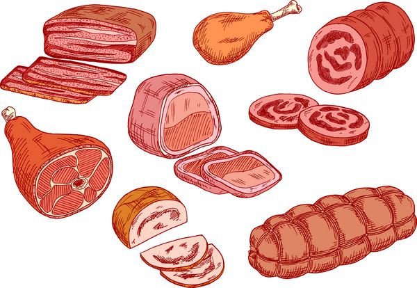 نمادهای طرح سوسیس ژامبون و گوشت پخته شده
