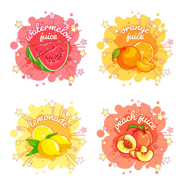چهار برچسب با آب میوه های مختلف