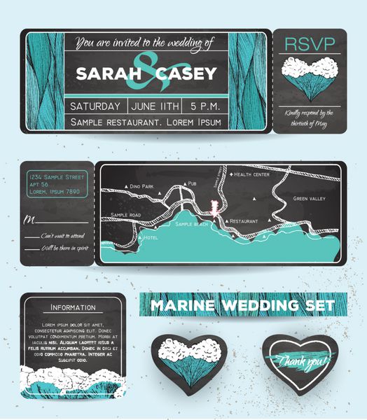 ست دعوت عروسی دریایی با کارت rsvp بلیط یک دریا