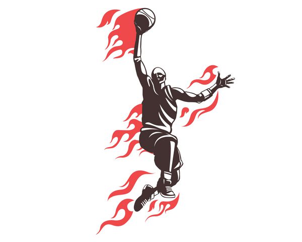 لوگوی بسکتبالیست حرفه ای مدرن در اکشن - مسابقه دانک پرواز در آتش