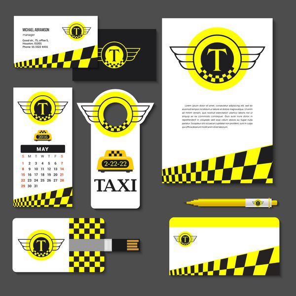 تاکسی مجموعه ای از عناصر هویت شرکتی تقویم ماشین تجاری
