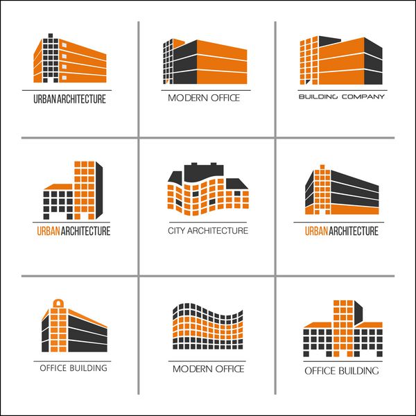 مجموعه 9 آرم وکتور معماری شهری نمادهای یک شرکت ساختمانی ساخت و ساز ساختمان ها ادارات ال