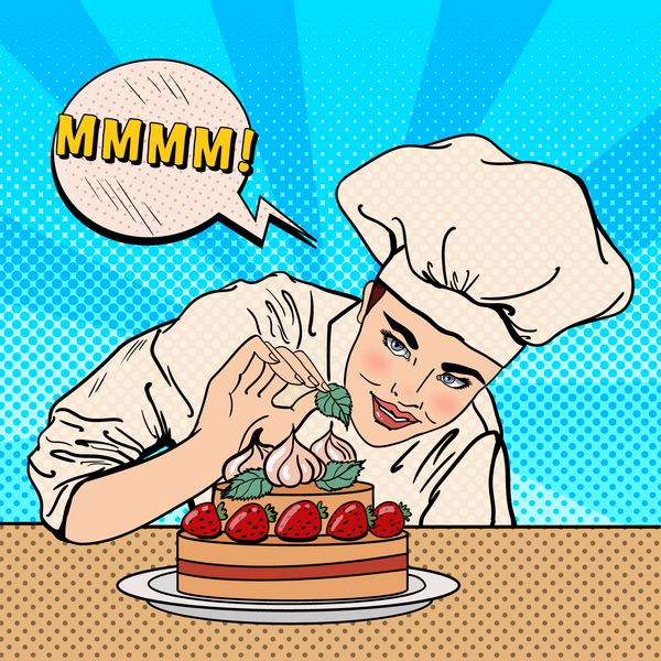 سرآشپز زن جذاب در حال تزئین کیک خوشمزه با توت فرنگی هنر پاپ وکتور
