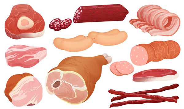 انواع مختلف مجموعه گوشت گوشت خوک گوشت گوساله و ژامبون برش های سالامی سوسیس بیکن و گوشت گاو استیک تازه