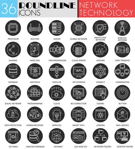 مجموعه آیکون دایره سیاه و سفید وکتور فناوری شبکه طراحی آیکون خط مشکی مدرن برای وب