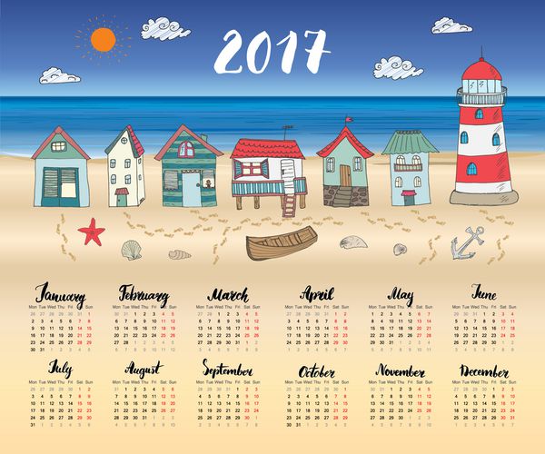 تقویم سال 2017 یک برگ وکتور کلبه های ساحلی با دست ترسیم شده و حروف ماه شروع هفته از دوشنبه