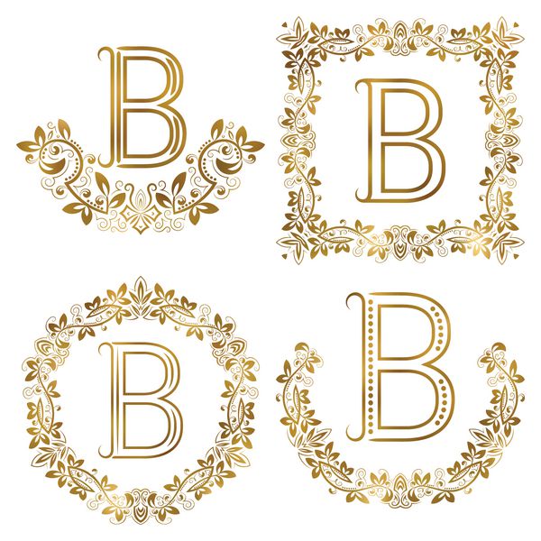 ست مونوگرام های زینتی حرف B طلایی نمادهای هرالدیک در تاج گل ها قاب های مربع و گرد