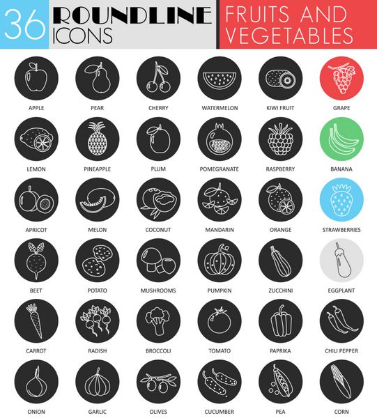 مجموعه آیکون های دایره ای سیاه و سفید وکتور میوه و سبزیجات طراحی آیکون خط مشکی مدرن برای وب