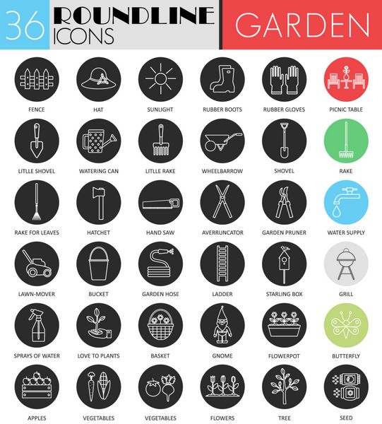 وکتور ابزار باغ دایره سیاه و سفید مجموعه آیکون طراحی آیکون خط مشکی مدرن برای وب