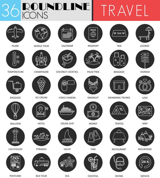 مجموعه آیکون سیاه و سفید وکتور دایره گردشگری سفر طراحی آیکون خط مشکی مدرن برای وب