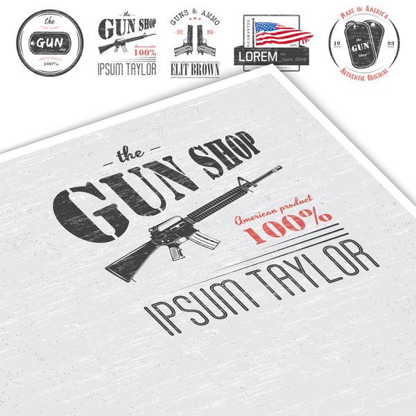 مجموعه اسلحه فروشی آمریکایی فروشگاه اسلحه گرم اسلحه شکاری عناصر دقیق برچسب های تایپوگرافی برچسب ها آرم ها و نشان ها