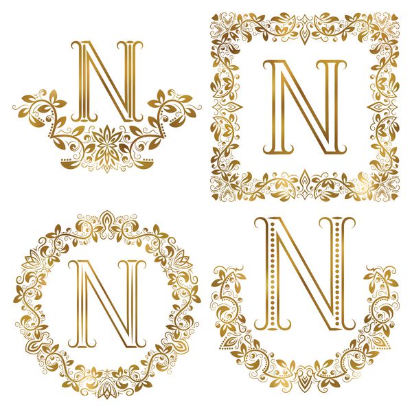 مجموعه تک نگاری های زینتی با حرف n طلایی نمادهای هرالدیک در تاج گل ها قاب های مربع و گرد