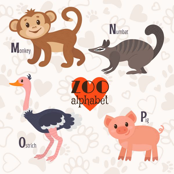 الفبای باغ وحش با حیوانات خنده دار حروف m n o p میمون شماره