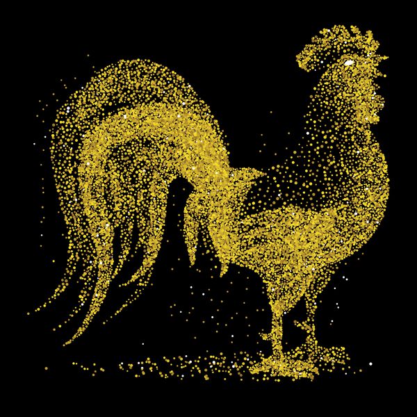 خروس زرق و برق طلایی در پس زمینه مشکی تقویم چینی برای سال 2017 شبح درخشش نماد درخشان زودیاک وکتور