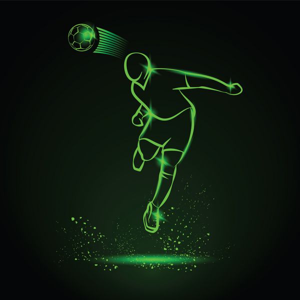 تصویر نئون سبز بازیکن فوتبال که با سر توپ را می زند وکتور شبح یک فوتبالیست در پرش و توپ فوتبال پس زمینه انرژی ورزشی
