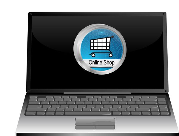 کامپیوتر لپ تاپ با دکمه فروشگاه آنلاین - تصویر سه بعدی
