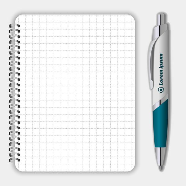 دفترچه یادداشت و خودکار مارپیچی خالی واقع گرایانه ایزوله شده بر روی وکتور سفید ماکت نمایش برای هویت سازمانی و اشیاء تبلیغاتی