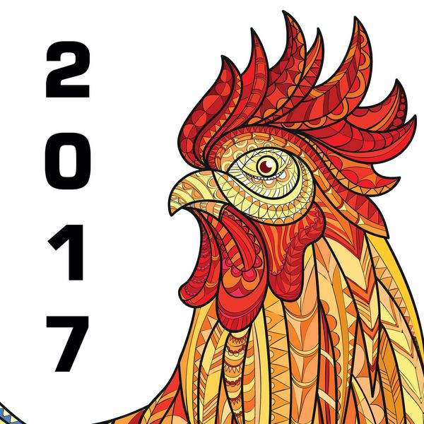 تصویر خروس طرح طرح ابله با دست کشیده شده است آتشین طرح دار روی پس زمینه سفید نماد سال نو چینی 2017 ممکن است برای طراحی تی شرت کیف کارت پستال پوستر و غیره استفاده شود