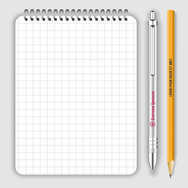 دفترچه یادداشت مارپیچی مارپیچی خالی مداد سربی و خودکار سفید جدا شده روی وکتور سفید ماکت نمایش برای هویت سازمانی و اشیاء تبلیغاتی