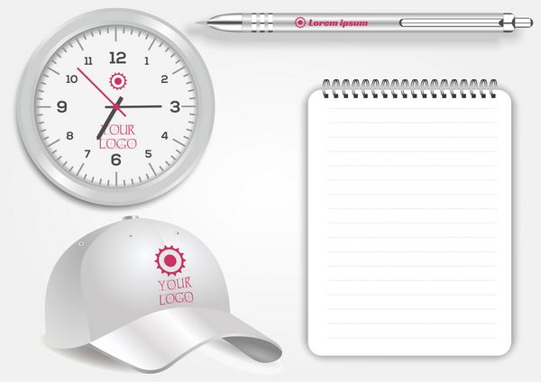 ساعت واقعی خالی کلاه بیسبال دفترچه یادداشت مارپیچی و خودکار سفید جدا شده بر روی وکتور سفید ماکت نمایش برای هویت سازمانی و اشیاء تبلیغاتی