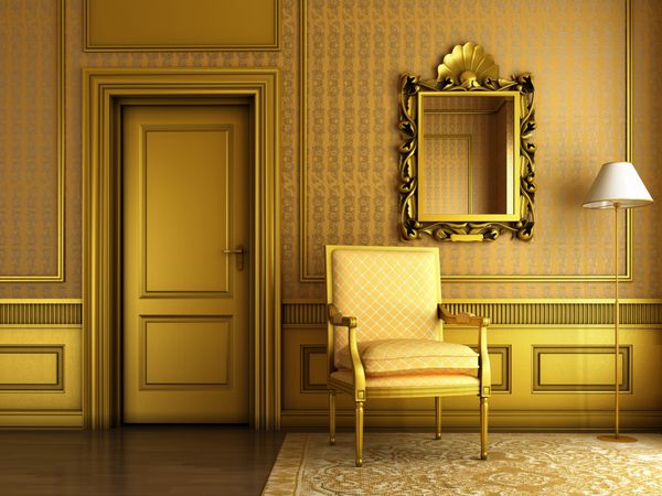 فضای داخلی دوستانه کلاسیک با آینه صندلی و قالب گیری طلایی