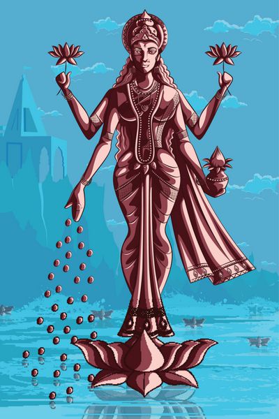 الهه هندی لاکشمی روی نیلوفر آبی