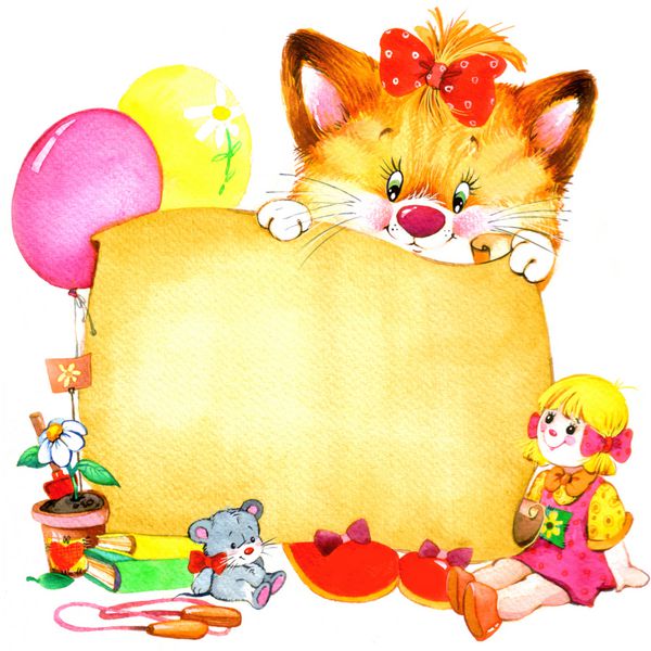 دختر بچه گربه بامزه با طومار اسباب بازی و کاغذ پس زمینه برای باهم