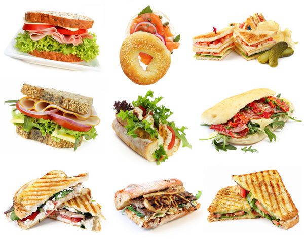 مجموعه ای از ساندویچ ها جدا شده بر روی سفید