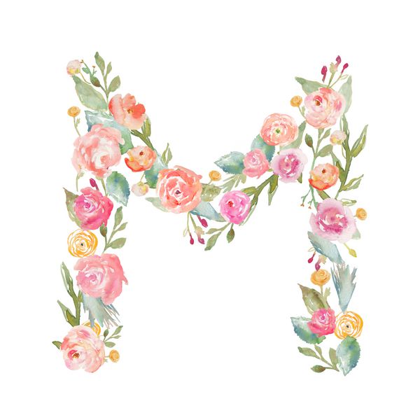 تک نگاری گل آبرنگ حرف m حروف الفبای گلدار در پس زمینه سفید جدا شده حروف الفبای ساخته شده از گل