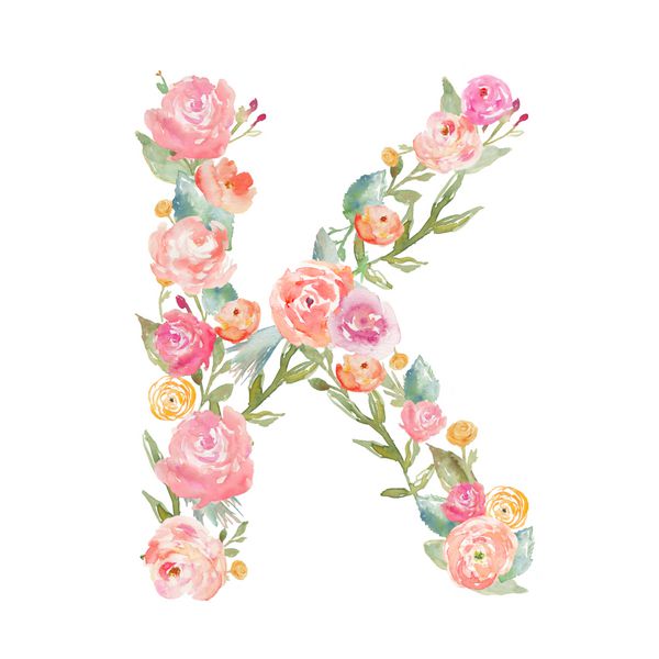 نامه مونوگرام گل آبرنگ در پس زمینه سفید جدا شده حروف الفبای ساخته شده از گل