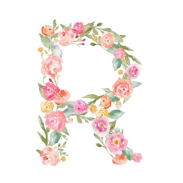 گل آبرنگ حرف الفبای r تک نگار حرف r ساخته شده از گل