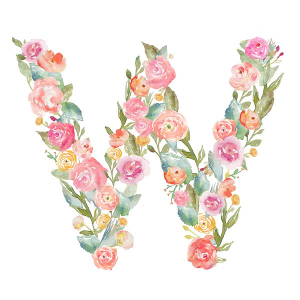 الفبای گل آبرنگ تک نگار حرف w ساخته شده از گل مونوگرام w