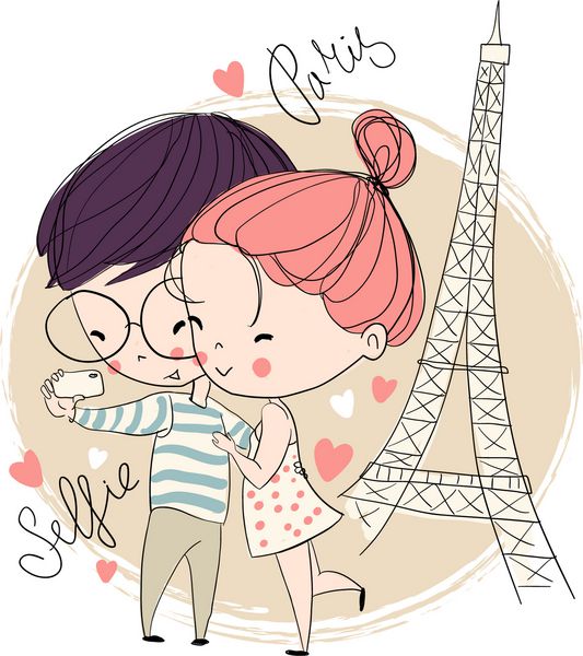 دختر و پسر جوان در حال ساختن خود پرتره پاریس کارت عشق